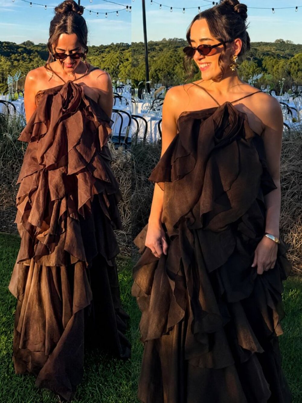 Aje Pandorea Dress Carob Brown Ruffle Rosette Layered Maxi NWT Size AU 10/US 6 - Picture 9 of 11